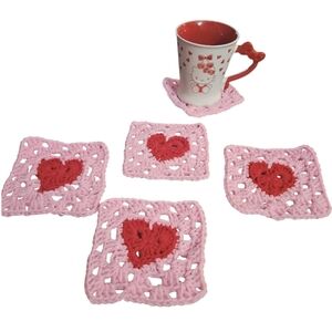 Valentine Heart Granny Square Coasters Set of 5 Handmade Crochet Heart Squares